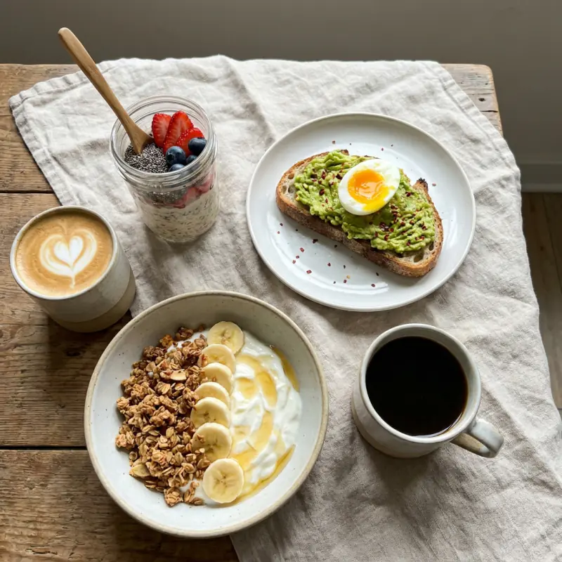 Tři snídaně shora: ovesná kaše s ovocem, toast s avokádem a jogurt s granolou
