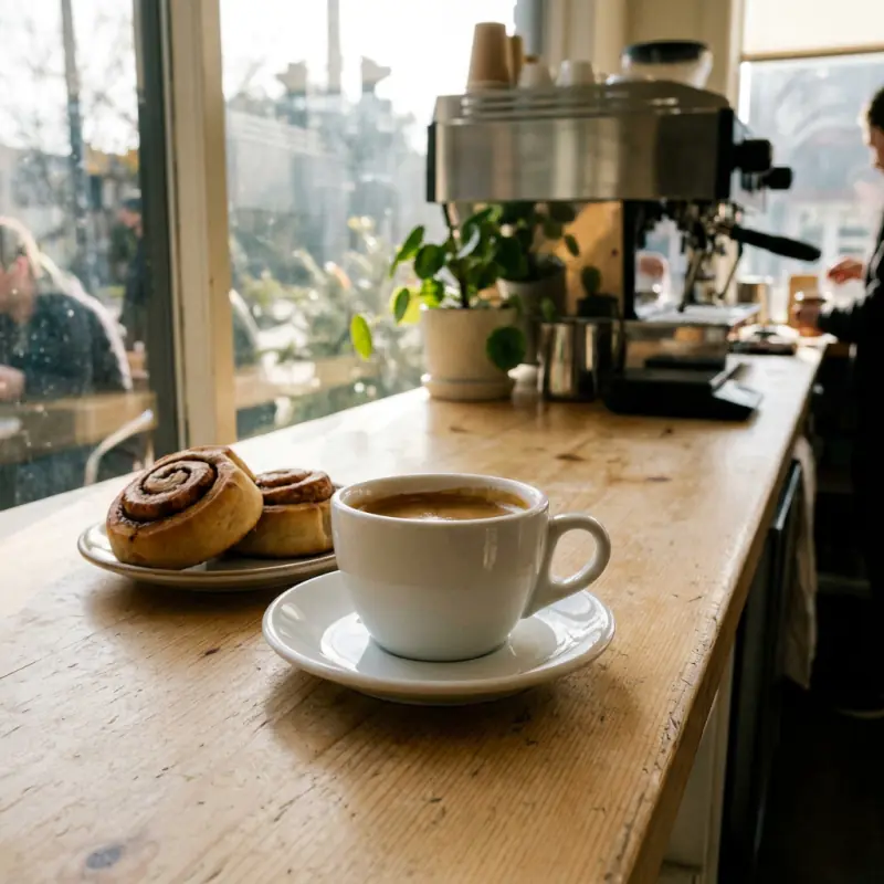 Espresso a skořicoví šneci na pultu kavárny u okna