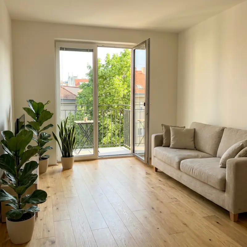 Světlý obývací pokoj s otevřenými dveřmi na balkon