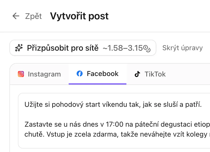 Úprava postu pro sítě v aplikaci Artima: záložky Instagram, Facebook a TikTok, každá s vlastním textem