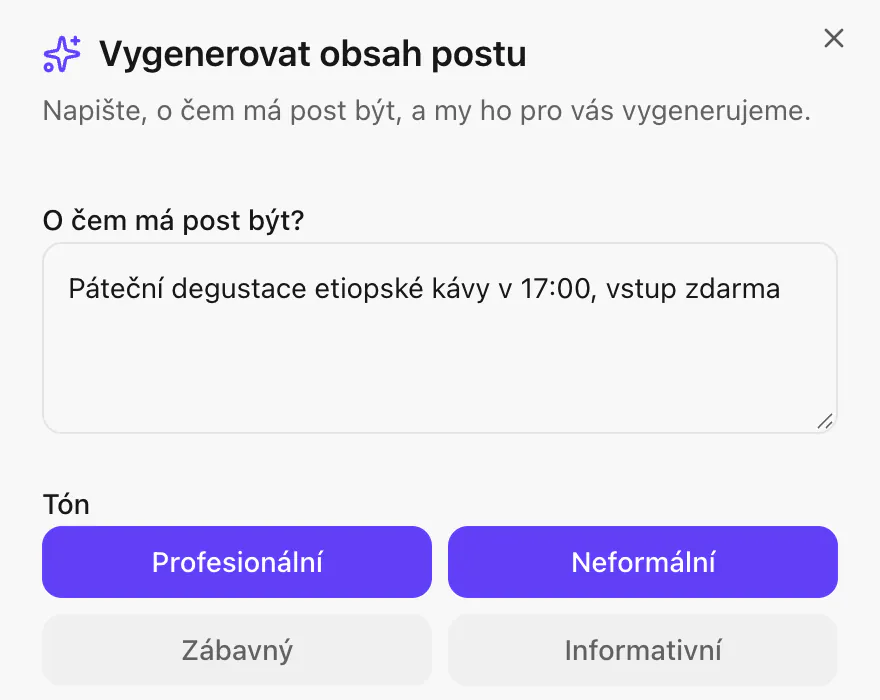 Okno Vygenerovat obsah postu v aplikaci Artima: pole O čem má post být a výběr tónu